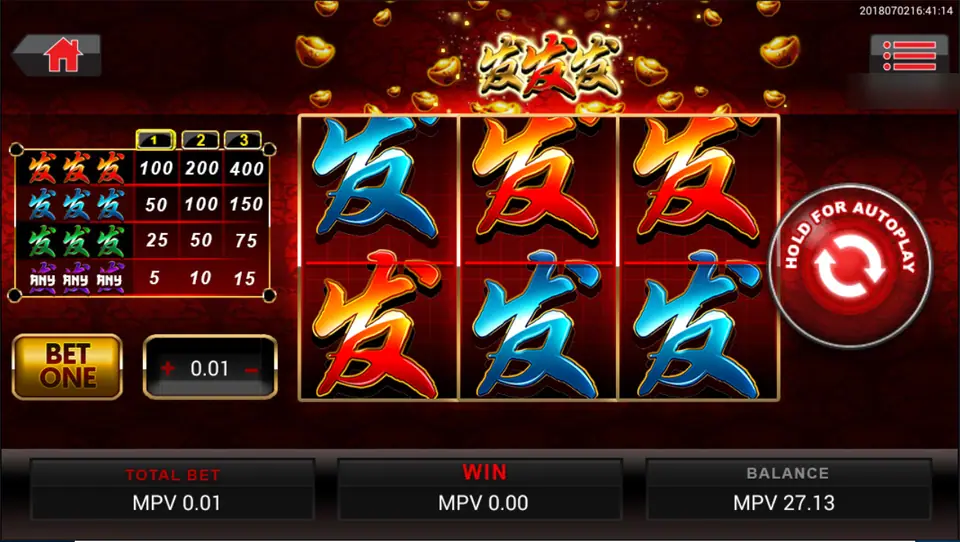 FA FA FA three-reel slot with blue, orange and red 发 characters, a pay card for 1, 2 and 3 coins and gold ingots falling in the background