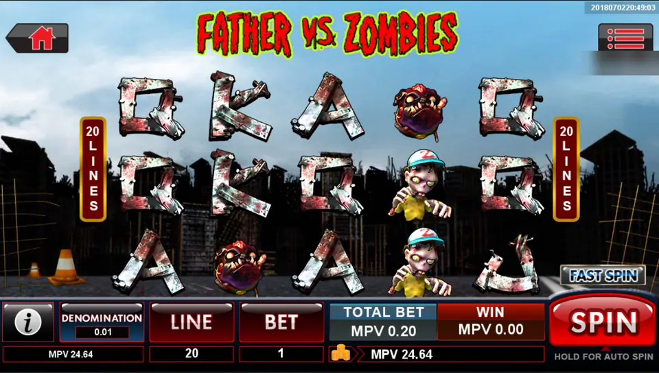 Father vs Zombies reels with letters made of bloodied planks, a zombie boy in a cap and a snarling zombie head, 20 lines at a total bet of 0.20