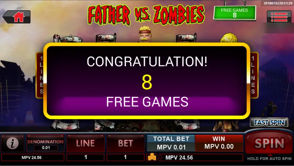 Congratulation banner announcing 8 free games over the Father vs Zombies reels